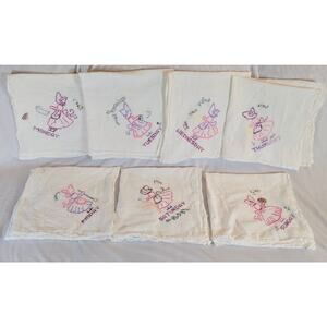 Vintage Embroidered Tea Dish Towels Bonnet Girl Flour Sack Linens Monday-Sunday